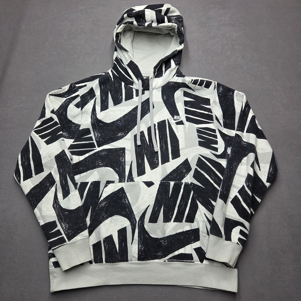 Nike Sportswear Scribble Print Pullover Hoodie Gray Black DB4607-010 Mens L